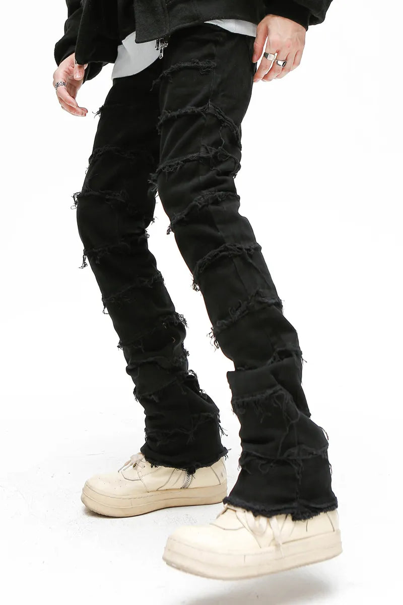 Heavy Industry Hole Frayed Destruction Waxed Jeans Mens High Street Retro Straight Ripped Pencil Pants Oversize Denim Trousers