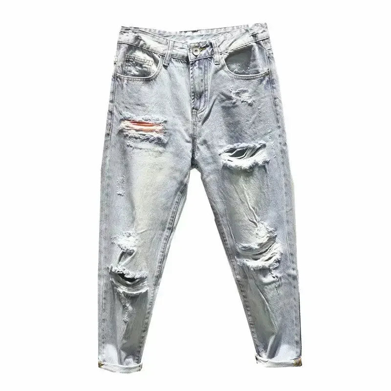 Hip Hop Harem Cropped Light Blue Trousers Men's Jeans with Holes Ripped Man Cowboy Pants Torn Broken Wide Leg Korean Fashion Xs