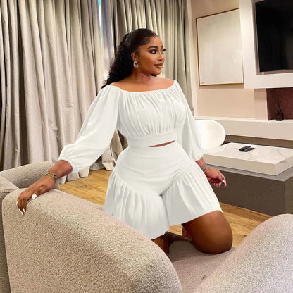 CM.YAYA Plus Size Women's Set Long Sleeve Slash Neck T-Shirt and Shorts  Summer Ruched Two 2 Piece Set Outfits Tracksuit