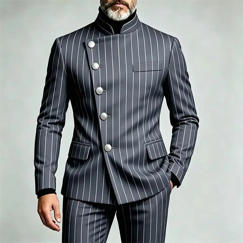 Men's Pinstripe Business Suits Single Breasted Stand Collar Slim Fit Suit Jacket Pants 2 Pieces Formal Tuxedo for Wedding Party