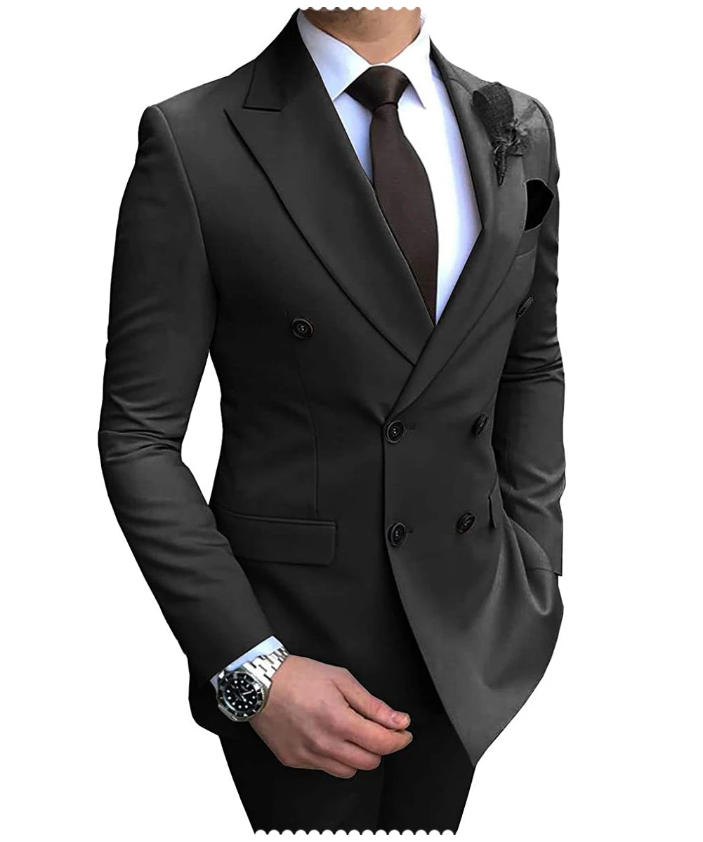New Beige Men's Suit 2 Pieces Double Breasted Notch Lapel Flat Slim Fit Casual Tuxedos For Wedding(Blazer+Pants)