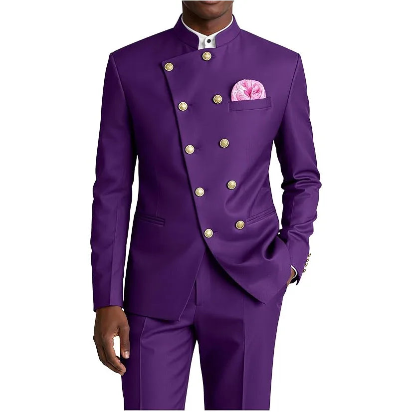 Men's Business Casual Suit 2 Piece Brown Mandarin Collar Double Breasted With Gold Buttons