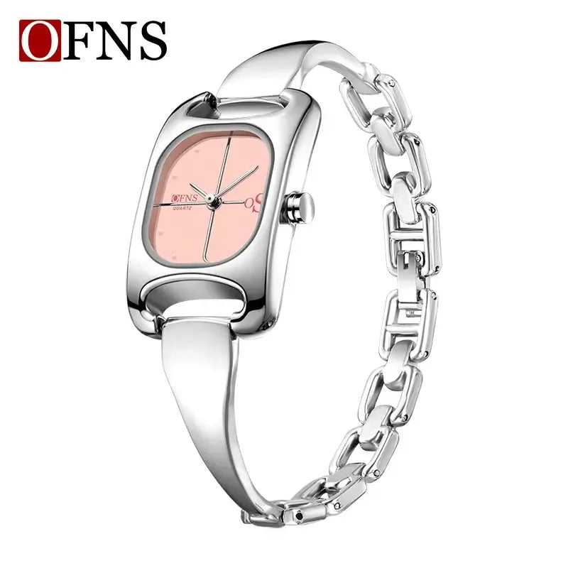 OFNS 5518 New women's watch high-end alloy niche ladies' square watch 3D studded waterproof quartz watch in silver pink.