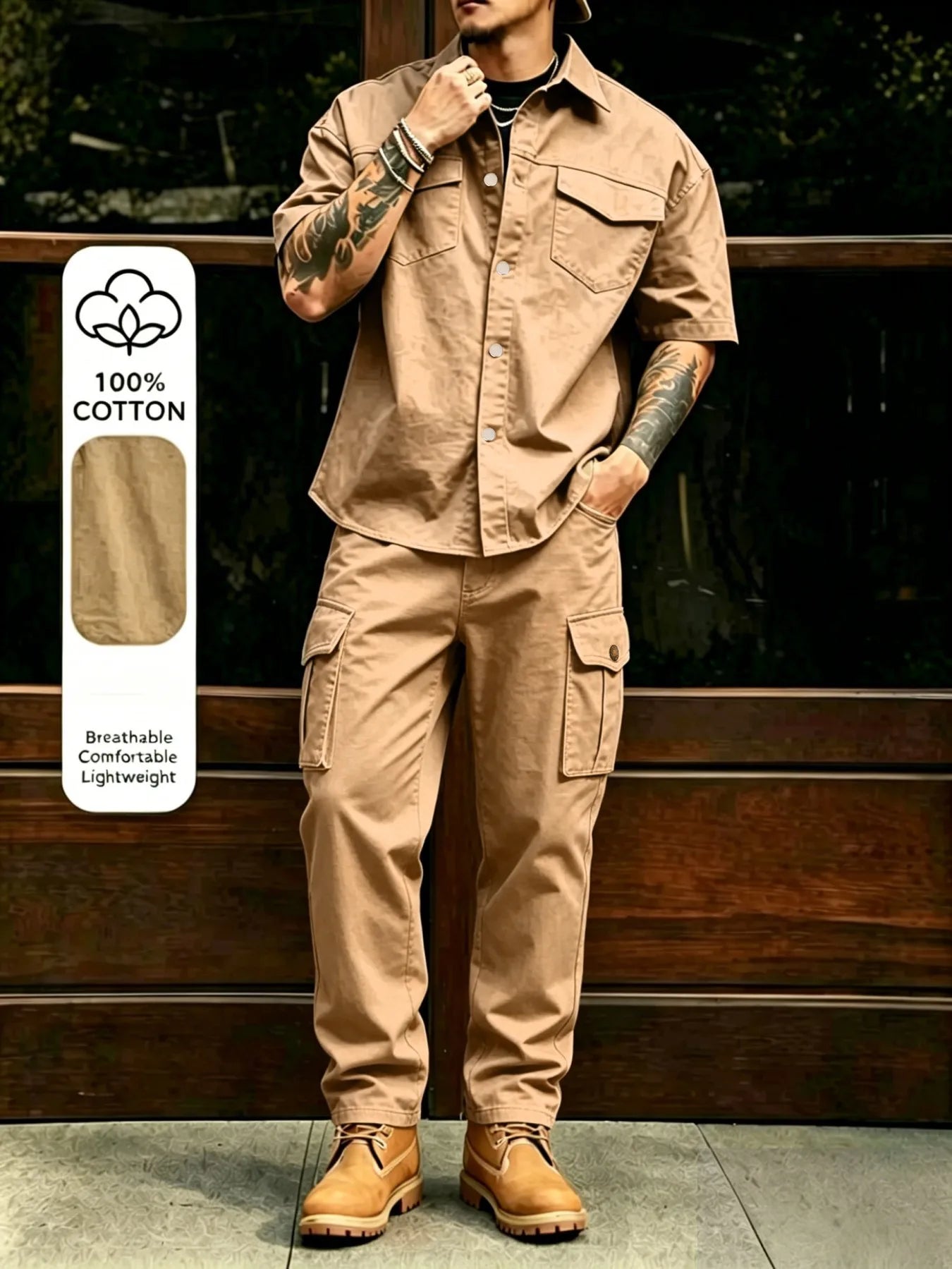Men's Casual Workwear 100% Cotton Multi-Pocket Short-Sleeved Shirt Pants Set Male Cargo Overalls Streetwear Short Sleeve Button
