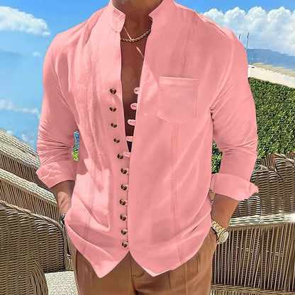 Men's new cotton and linen pocket retro stand-up collar long-sleeved shirt Casual multi-button solid color striped cardigan