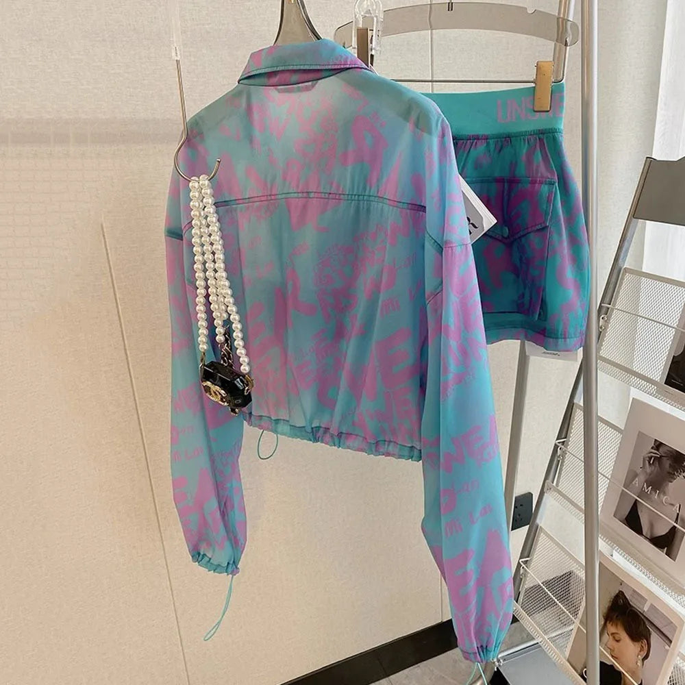 2024 Women Shorts Sets Outfits Casual Two Piece Set Women's Summer Fashion Sunscreen Tops + High Waist Loose Short Pants Suits