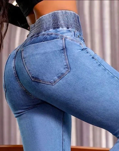 ALLUKASA  autumn winter  Elegant High Waist Button Front Casual Female Jeans Sexy  Fashion Back Shirred Trouser Bottom