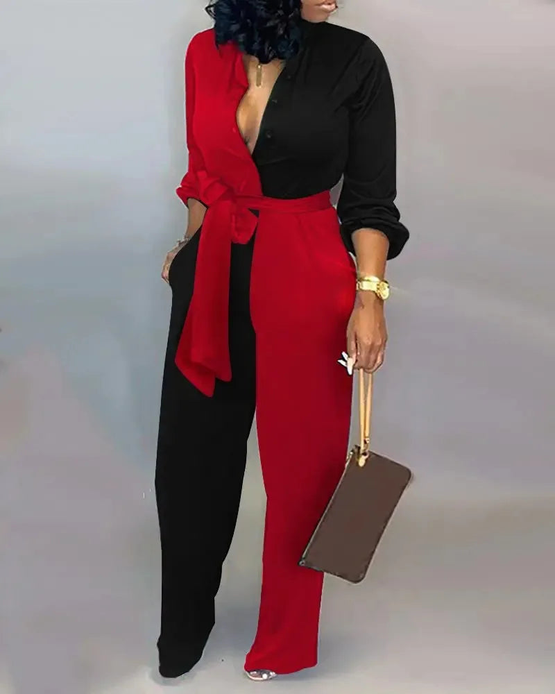 2024 Autumn Casual Women Jumpsuits Print V-Neck High Waist Belt Long Sleeve Elegant Straight Pants Jumpsuit Rompers For Women