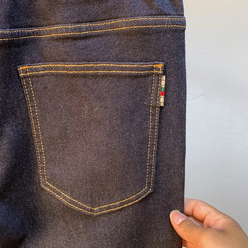 High end light luxury men jeans autumn new item dark blue fashion printed casual straight slim fit cotton washed denim pants