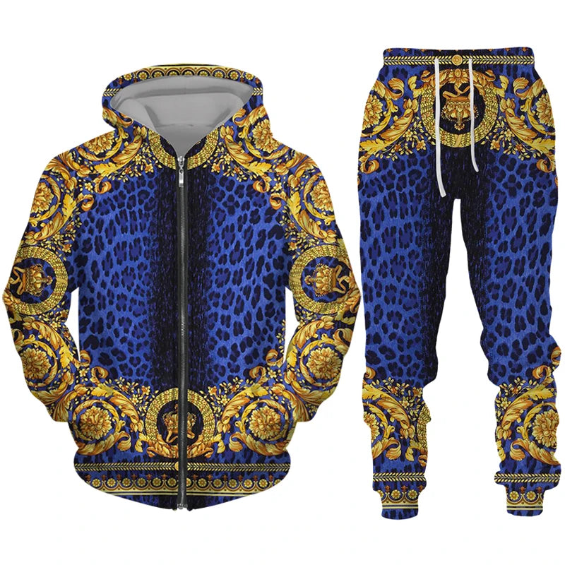 Luxury Golden Pattern 3D Print Men's Zipper Tracksuit Set Casual Hoodie+Pants 2pcs Sets Oversized Sweatshirt Fashion Men Clothes