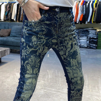 Skinny Jeans Men Vintage ArtPrint Men Jeans Fashion Jeans Printing Pant Streetwear Men Erkek Kot Pantolon Jeans Hombre