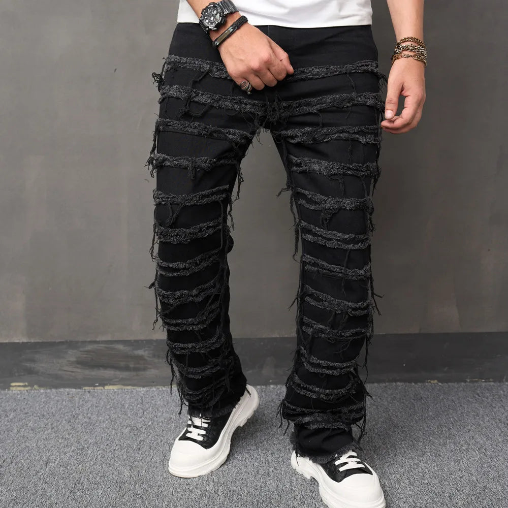 Men's stacked Spliced Jeans Hip Hop Straight Denim Trousers Men Biker Jeans Streetwear Loose Male Motorcycle Denim Pants