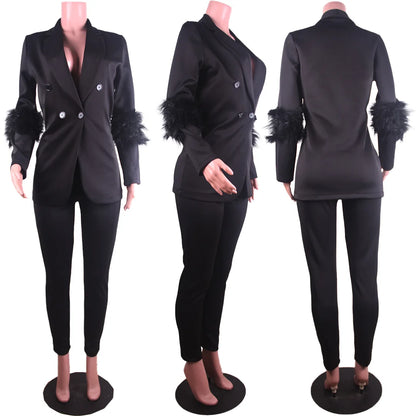 CM.YAYA Vintage Women Fur Hem Long Sleeve Blazer Suit and Pants  Chic OL Fashion Two 2 Piece Set Outfits Basic Tracksuit