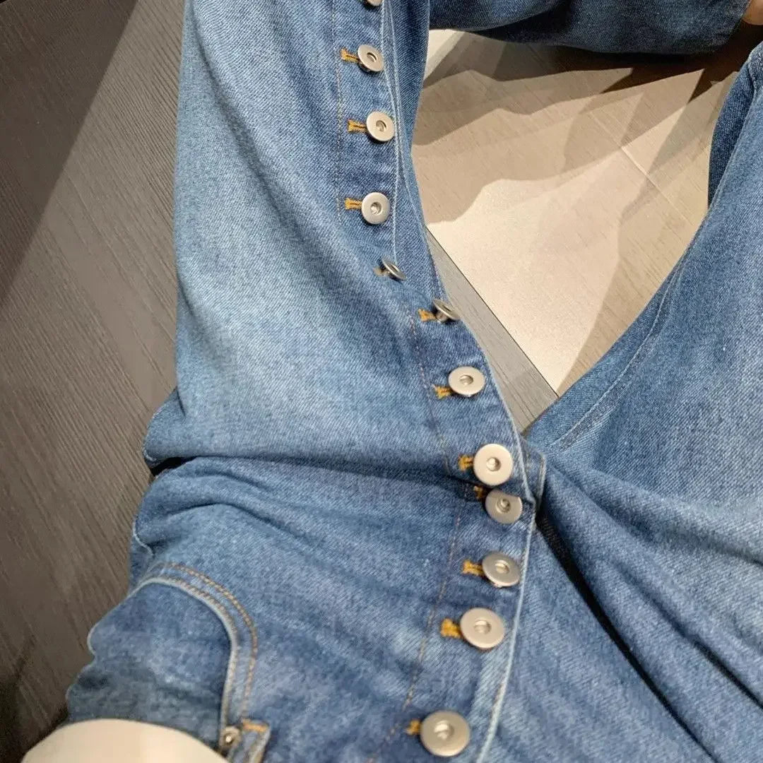 American high street breasted design straight jeans women's autumn and winter new high waist design fashion loose slim pants.