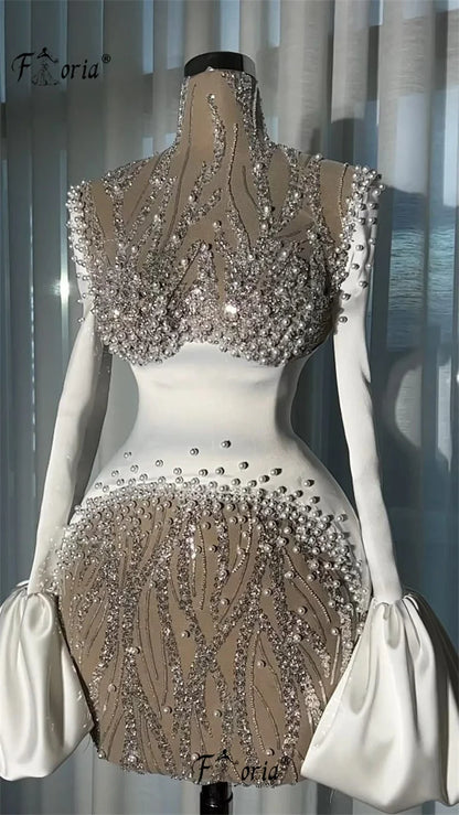 Fashion Short Cocktail Dress Pearls Sequin See Through Flare Sleeves Mini Graduation Party Dress Birthday Prom Gowns Customized