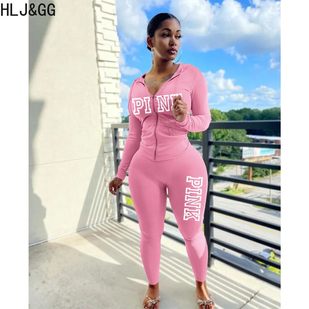 HLJ&GG Fashion Zipper Hooded Two Piece Sets Fall Women PINK Letter Print Outfits Casual Long Sleeve Coat+Skinny Pants Tracksuits