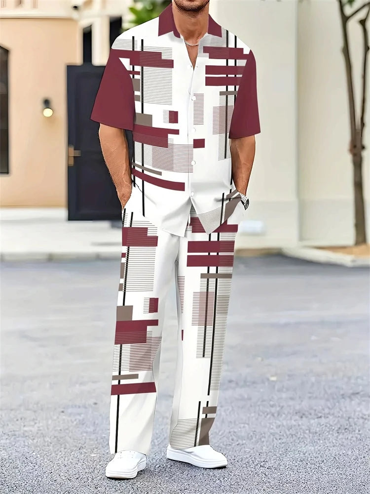2025 Autumn Geometric Color Block Printed Short-sleeved Set, 2pcs Daily Casual And Loose Men's Shirt Set, Casual And Fashionable