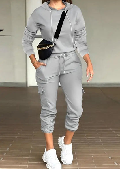 Two Piece Sets for Women Elegant Fashion Solid Round Neck Short Sleeve Top Multi Pocket Work Jogging Pants Suit  Autumn New