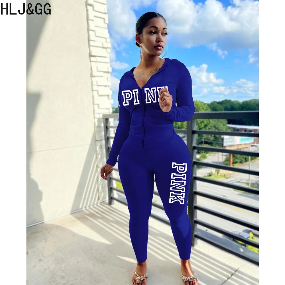 HLJ&GG Fashion Zipper Hooded Two Piece Sets Fall Women PINK Letter Print Outfits Casual Long Sleeve Coat+Skinny Pants Tracksuits