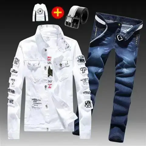 Frühling Herbst Herren Jeansjacke + Jeanshosen Set Mode Einreiher Mantel Hose Zweiteiliger Denim-Anzug
