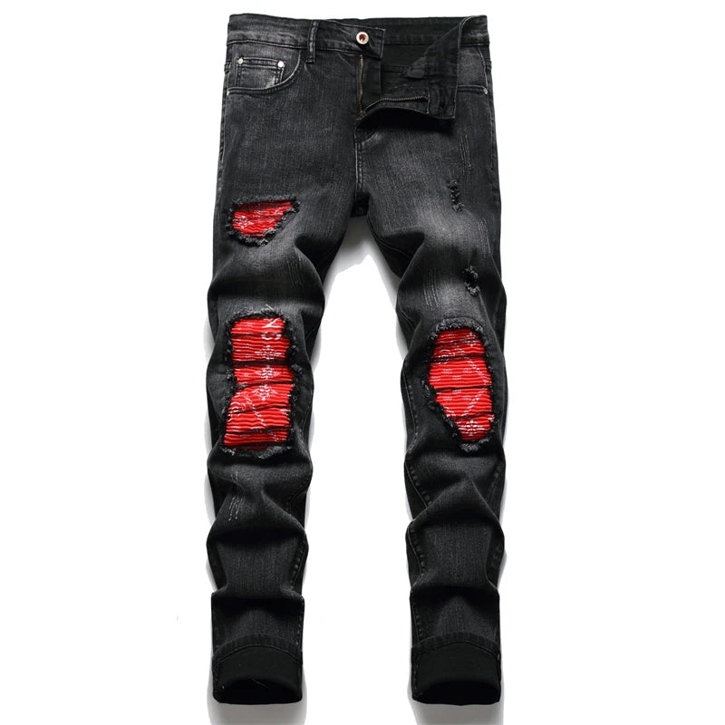 Men Biker Jeans Streetwear Paisley Bandana Print Patch Stretch Denim Pants Patchwork Holes Ripped Slim Straight Black Trousers