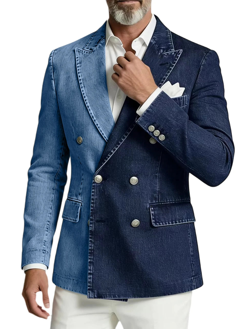 Men Spliced Denim Jacket Peak Lapel Double Breasted Slim Fit Casual Blazer Outing Date Night Trendy Party Fashion Costume Homme