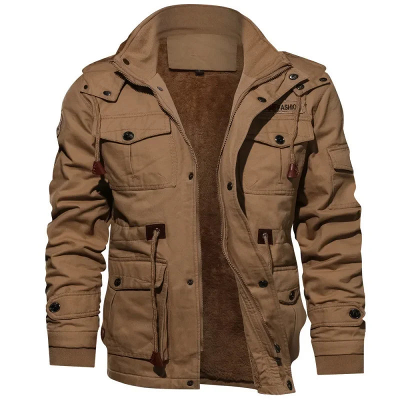 Men Fleece Fur Lined Thick Mid-Length Cotton Jacket Long Sleeve Autumn Winter Casual Jackets