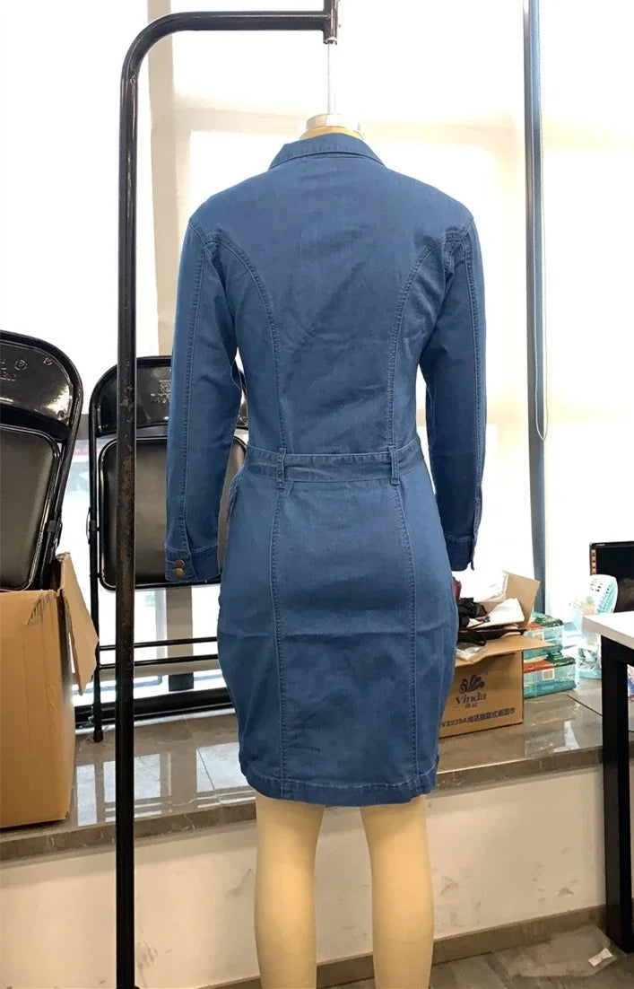 New Denim Dress Women Lapel Slim Fit Elegant Pencil Dresses Long Sleeve High Waist Singl-Breasted Jeans Vestidos Largos Mujer