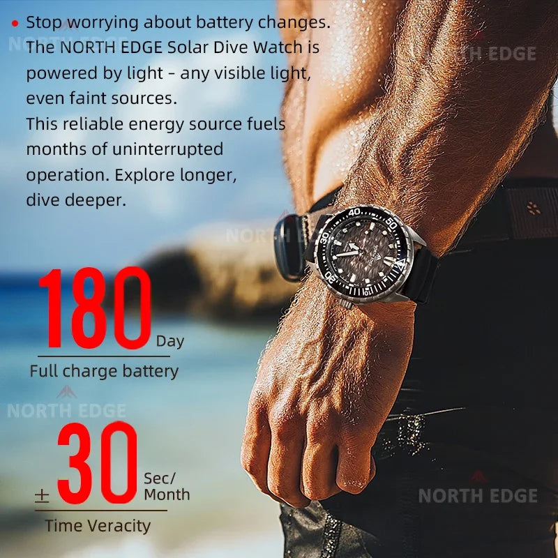NORTH EDGE TRITON-TI Titanium Solar-Powered Diving Watch High Quality Quartz Watches for Man NEW 300M Waterproof Men Watch Reloj