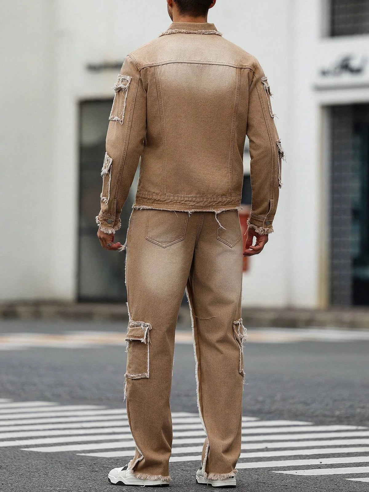 Men's Distressed Patchwork Denim Set - Khaki Washed Frayed Jacket & Wide Leg Jeans Streetwear