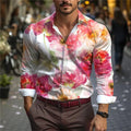 New men's casual 3D printed leaf print shirt for daily wear, spring lapel long sleeved button up shirt S-6XL plus size