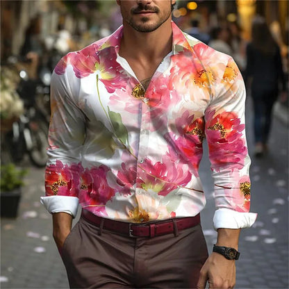 New men's casual 3D printed leaf print shirt for daily wear, spring lapel long sleeved button up shirt S-6XL plus size