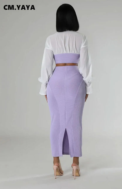 CM.YAYA Womens Two 2 Piece Sets Full Sleeve Shirt and Split Long Skirt Suit  Fall Streetwear Sexy Night Club Party Outfits