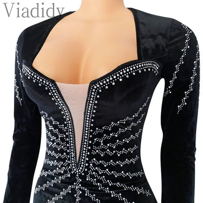 Women Sexy Velvet Mesh Rhinestone V-Neck Floor-Length Evening Party Dress Long Sleeve Back Zipper Mermaid Dresses