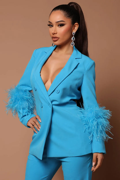 CM.YAYA Vintage Women Fur Hem Long Sleeve Blazer Suit and Pants  Chic OL Fashion Two 2 Piece Set Outfits Basic Tracksuit