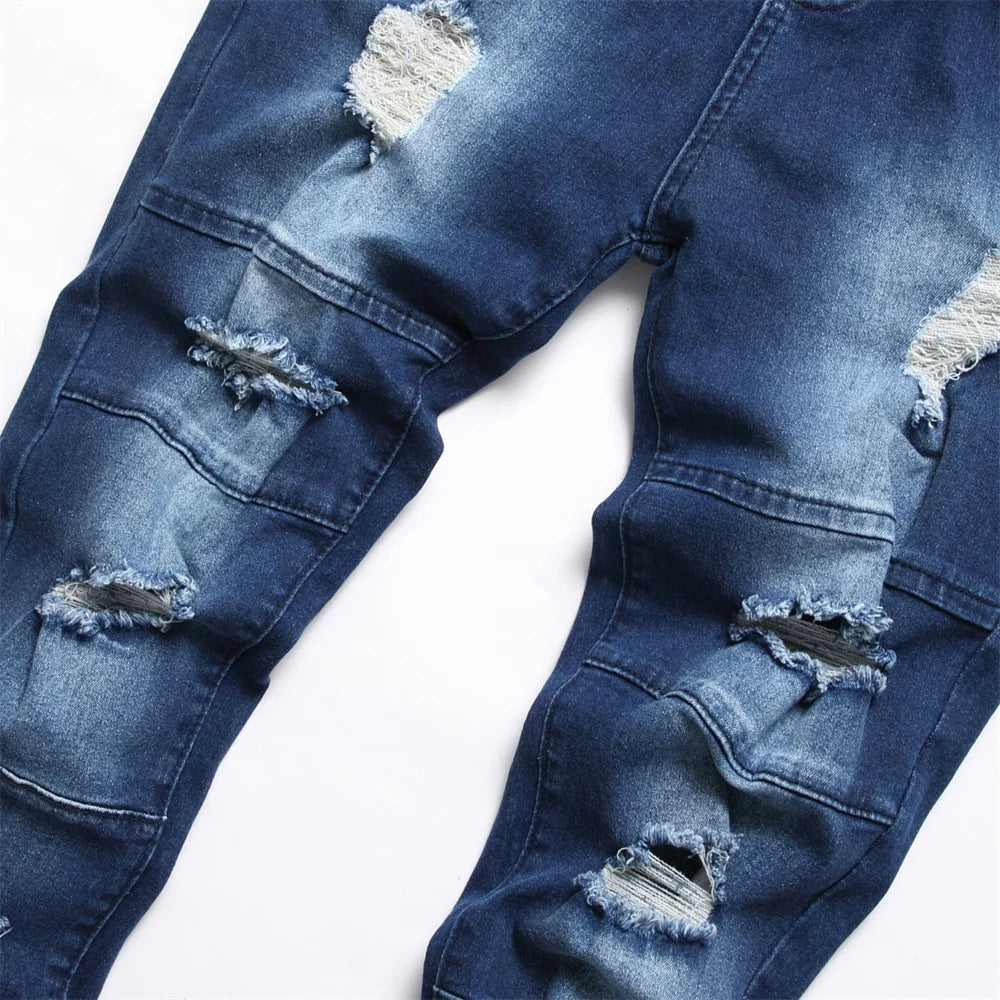 Men Splicing Holes Retro Blue Biker Skinny Jeans Pants Hip Hop Street Style Male Stretch Denim Trousers For Men's