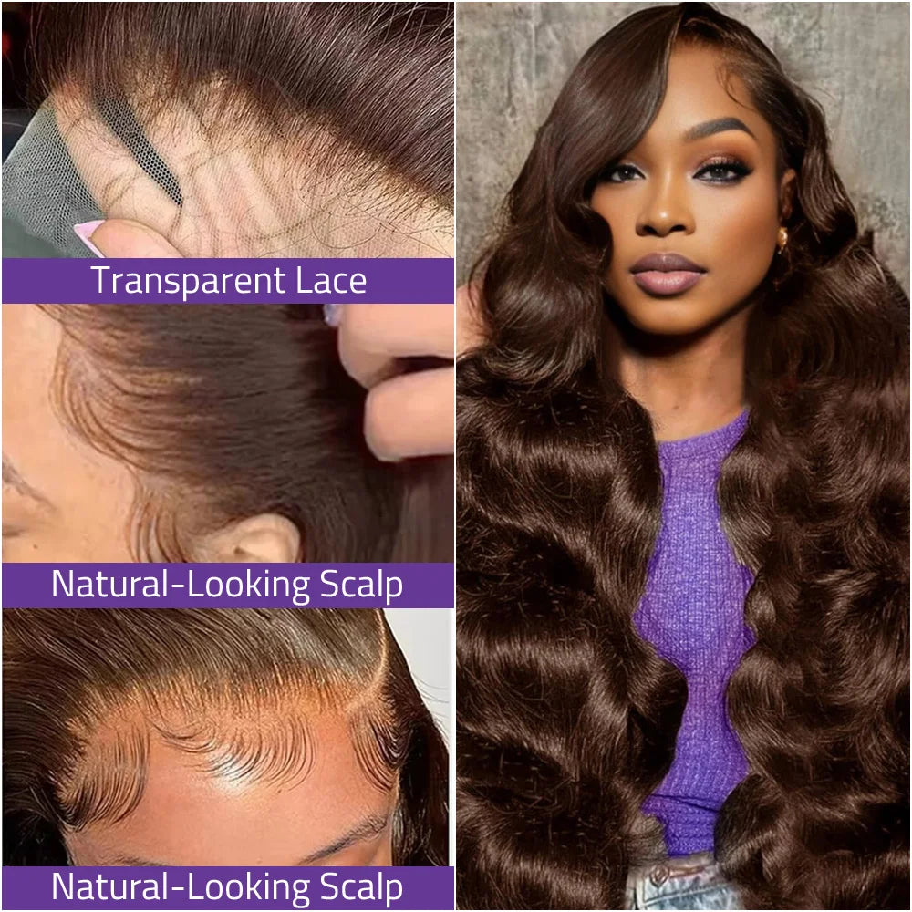 36 Inch Chocolate Brown Body Wave HD Lace Front Human Hair Wig Brazilian 13x6 Lace Frontal Wigs Preplucked for Women 200 Density