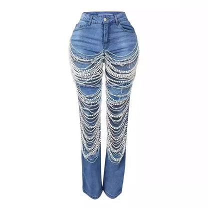 CM.YAYA Women Fashion Pearl Beading Ripped Hollow Out Tassel Wide Leg Jeans  New Summer INS Street Denim Pants Trousers