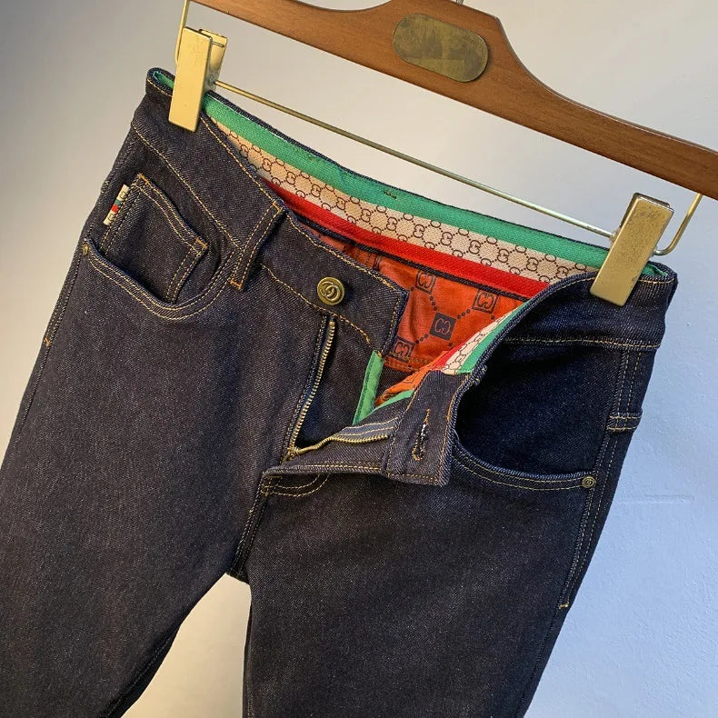 High end light luxury men jeans autumn new item dark blue fashion printed casual straight slim fit cotton washed denim pants