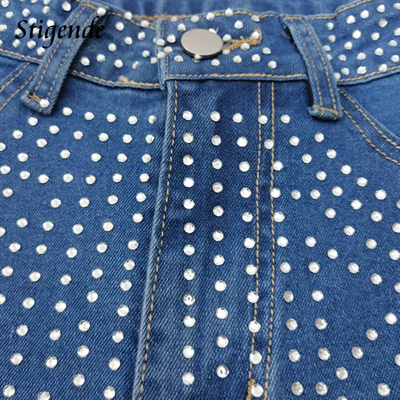 Stigende Rhinestone Cut Out Short Jeans Women Sexy Slim Fit Sequin Denim Shorts Y2K