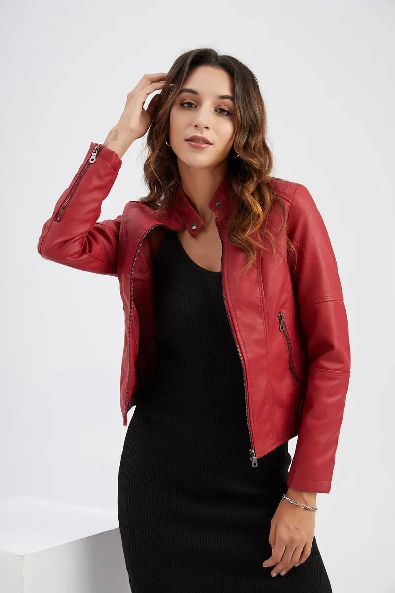 Autumn New Women's Leather Jacket, Fashionable Trim Motorcycle Women PU Coat Black Purple Brown Tops Female Menteau