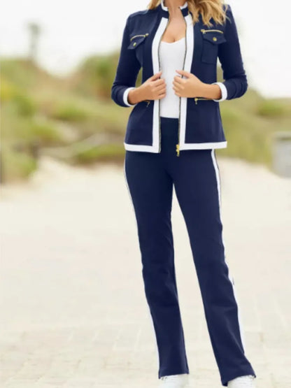 Autumn And Winter New Fashion Solid Color Casual Two Piece Sets Elegant Women Slim Simple Zipper Top Straight Sweatpants Suit