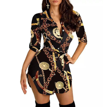 Autumn New Women's Dress Fashionable Sexy Gold Chain Slim Fit Printed Single Breasted Lace Up Waist Cinching Short Skirt