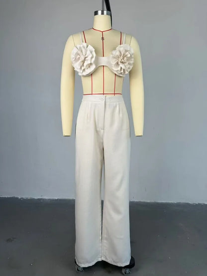 Joskaa Elegant 2 Piece Sets Women Sexy 3D Flower Crop Camisole and Straight Leg Pants Matching  Summer Vacation Streetwear