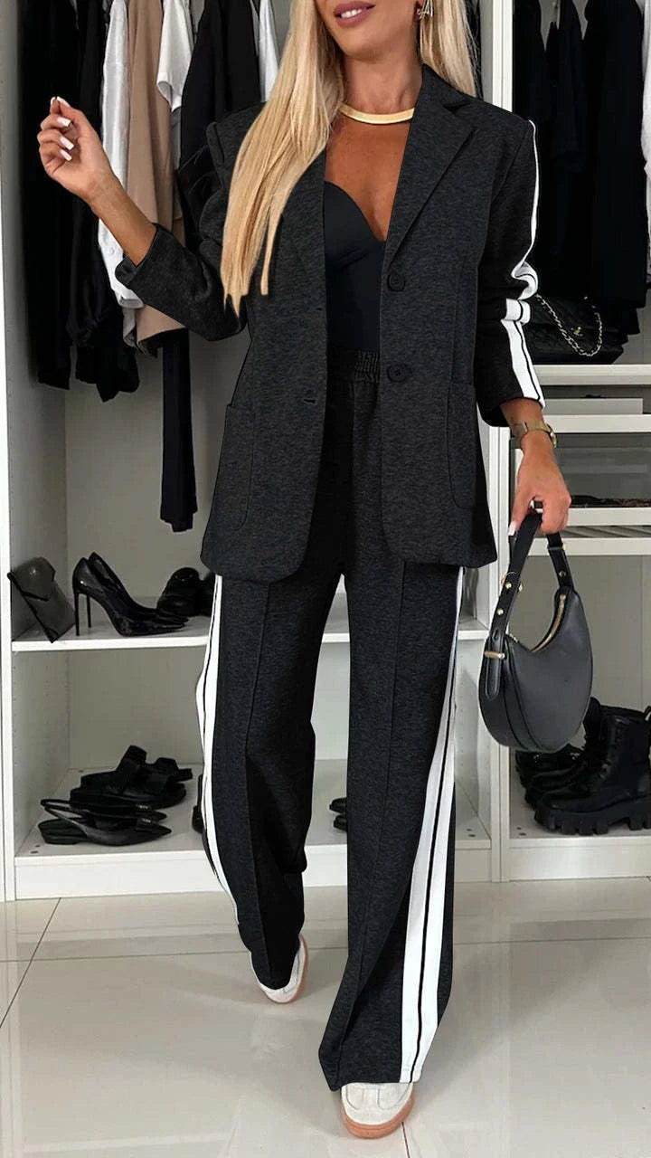 Autumn And Winter New Long Sleeves Suit Women's Suit Fashion Pimp Stitching Pants Pocket Female Office Blazer 2 Piece Set