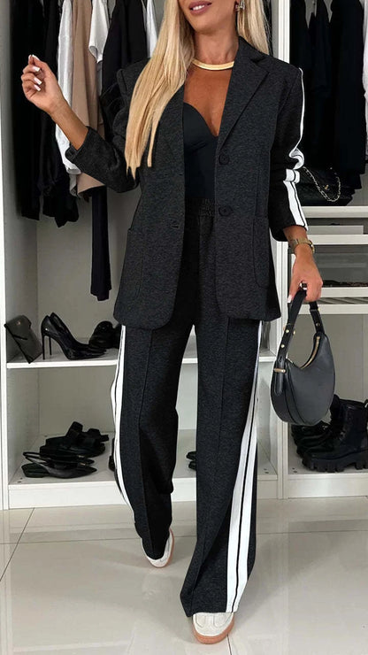 Autumn And Winter New Long Sleeves Suit Women's Suit Fashion Pimp Stitching Pants Pocket Female Office Blazer 2 Piece Set