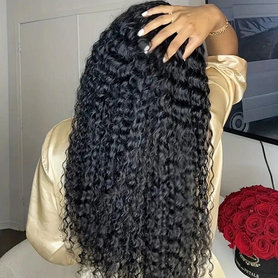 200% 40 Inch 13x4 Deep Wave Lace Front Wig Brazilian Virgin Human Hair Wig Natural Black Curly Hair HD Transparent Lace Frontal