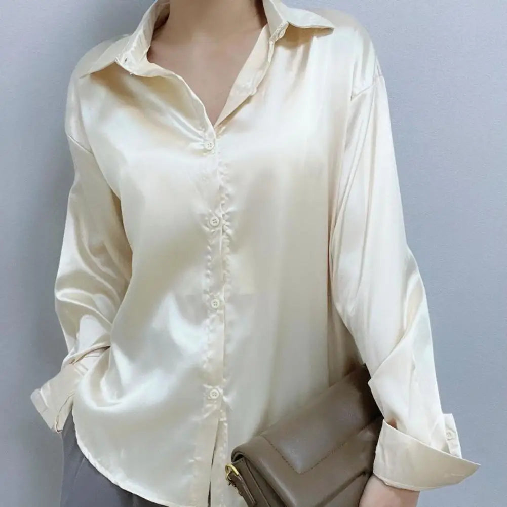 Satin Shirt Womens Clothing Silk Shirts Vintage Blouse Office Lady Sheer Top Lapel Single-breasted Solid Women Shirt Blouse