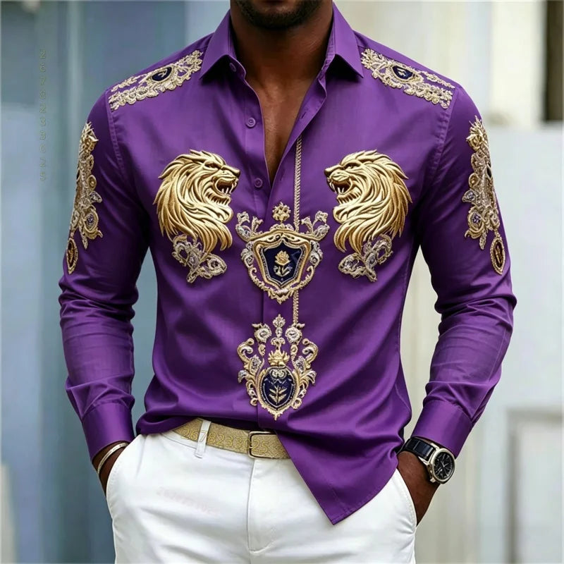 Men's shirt Baroque style shirt Lion head slim fit design long sleeved shirt Business casual street style men's clothing XS-6XL