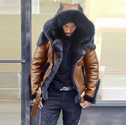 New Men's Leather Coat Winter Large Size Jacket with Fur Collar and Long Sleeve Wool Lining Casual Men's Jacket